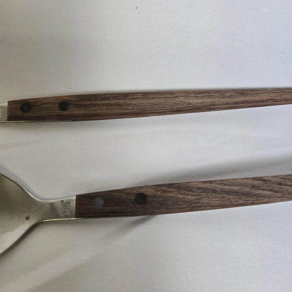 Pair of Stainless Steel Wood Handle Salad Servers Japan MCM Danish Style Vtg 13